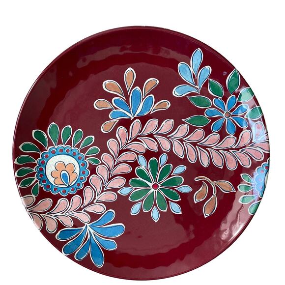 BUNGALOW Set of 4 Melamine 11" Dinner Plates Burgundy Multi Colored Floral NEW - Picture 1 of 10